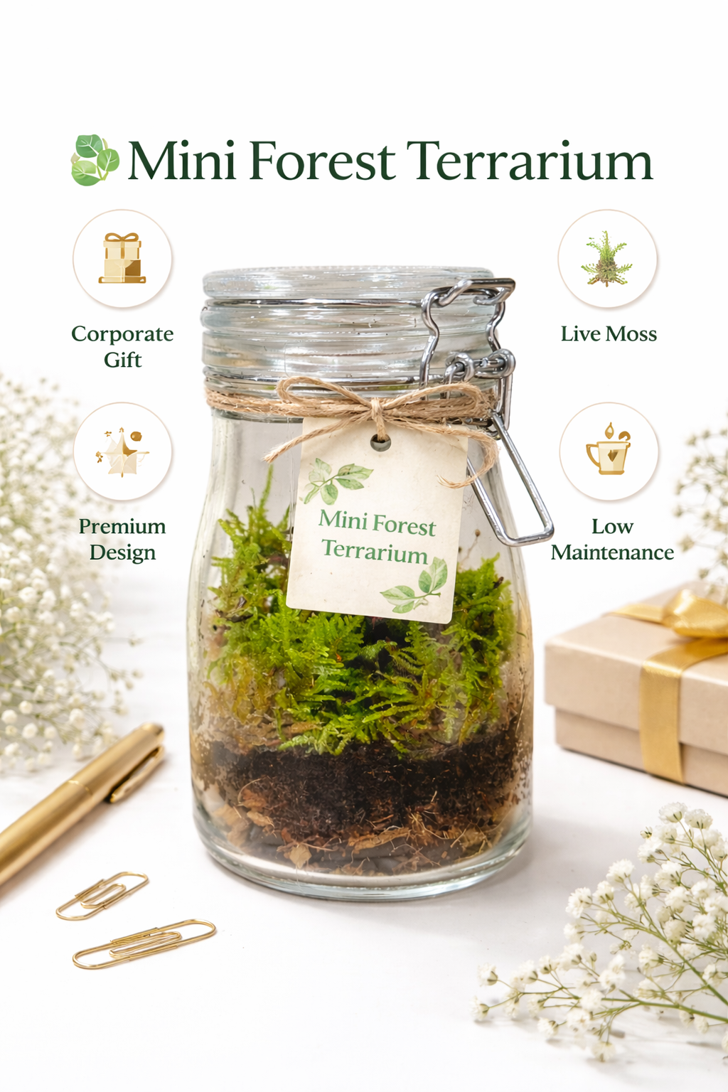 Mini glass terrarium with greenery for tabletop decoration