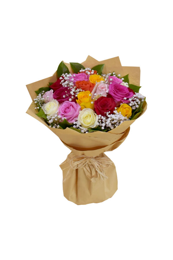 Arrangement includes red, yellow, pink, and white roses