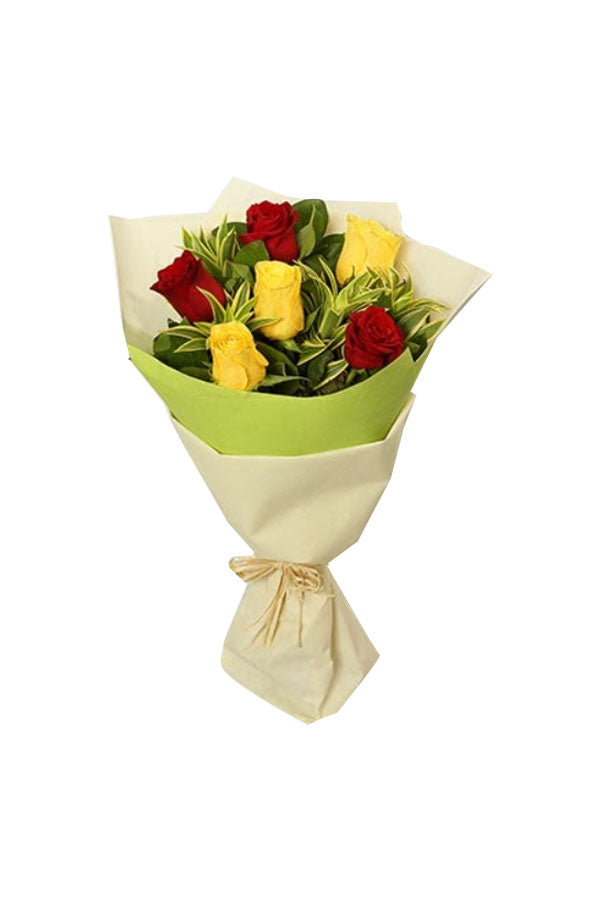 A small bouquet featuring red and yellow fresh roses