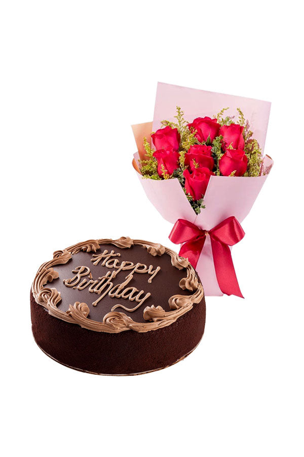 Flower and cake combo with red rose bouquet and chocolate cake