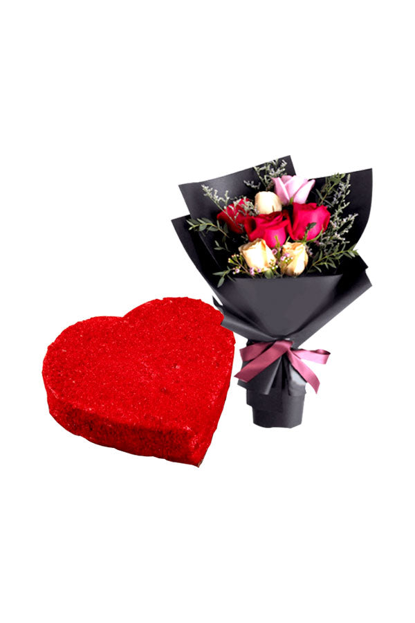 Gift set featuring 6 red roses with baby’s breath fillers