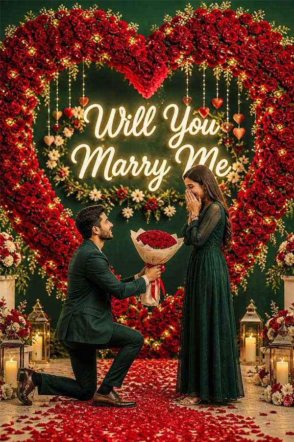 Engagement proposal decor with flowers, petals, and LED lighting