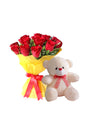 Floral gift set featuring red and yellow roses with teddy bear