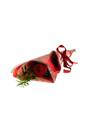 Beauty of Love red rose bouquet with ivy leaves and red wrapping