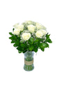 Peaceful Love bouquet with 10 white roses, baby’s breath, and green foliage wrapping