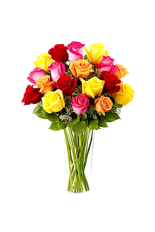 Mixed red roses arranged in a decorative glass vase