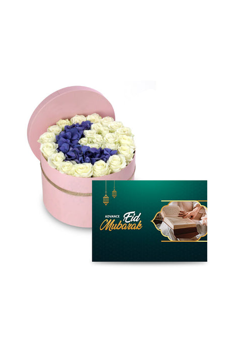Festive Eid flower gift arranged in a moon-shaped premium box