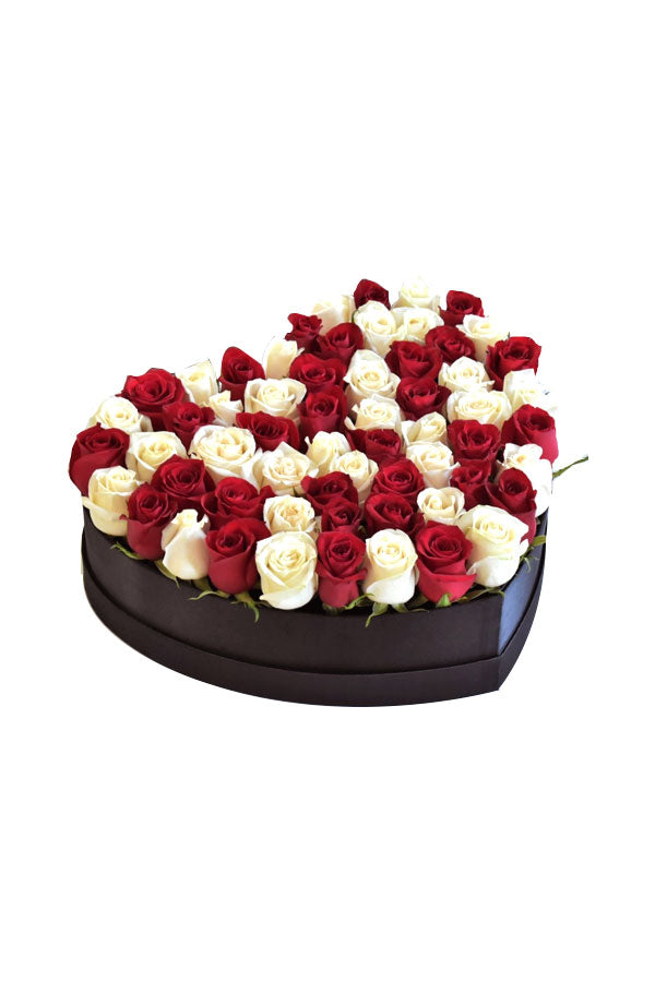 Red and White Rose Box – vibrant red and pure white roses arranged in a stylish gift box, perfect for celebrating love and special moments.
