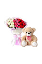 Romantic 24 mixed red and white rose bouquet with plush teddy