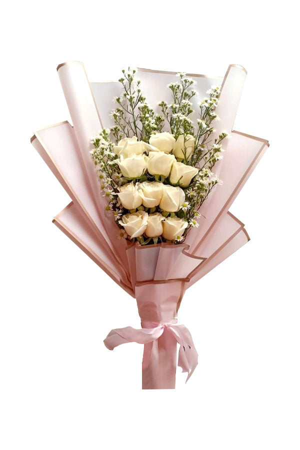 Elegant white rose bouquet with 12 fresh roses and baby’s breath, beautifully wrapped flower gift arrangement
