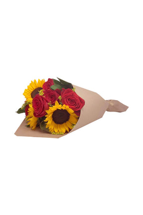 A bright sunflower bouquet combined with red accent flowers