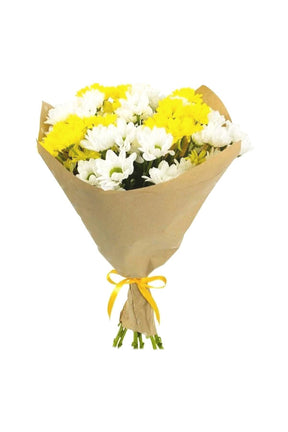 A fresh flower bouquet with yellow and white chrysanthemums