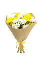 A fresh flower bouquet with yellow and white chrysanthemums