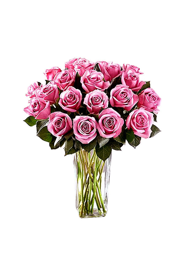 Bouquet of 25 purple roses arranged in an elegant glass vase