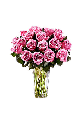 Bouquet of 25 purple roses arranged in an elegant glass vase